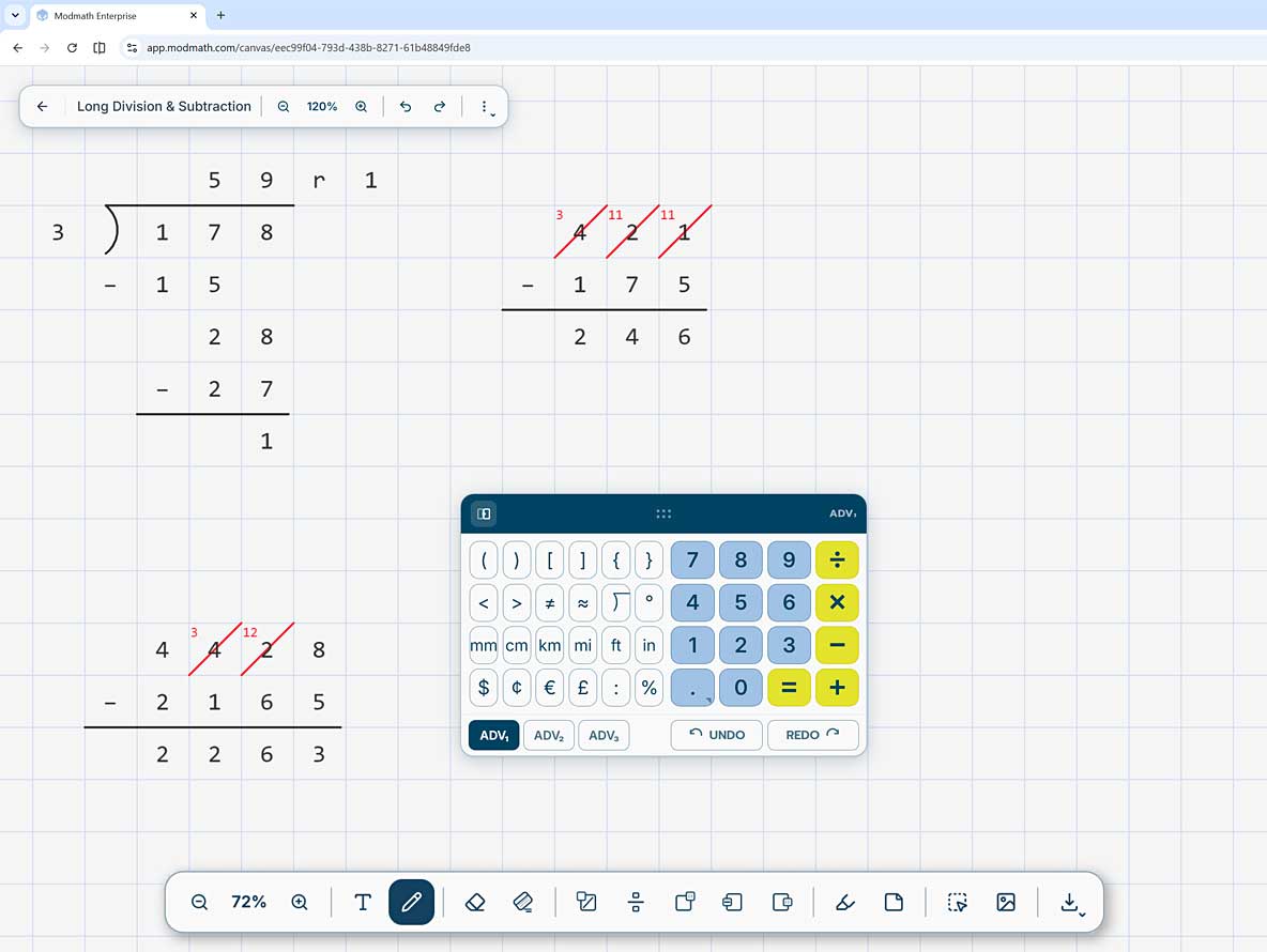 A long division problem worked out in neat columns on Modmath's digital grid paper, with the number pad open.