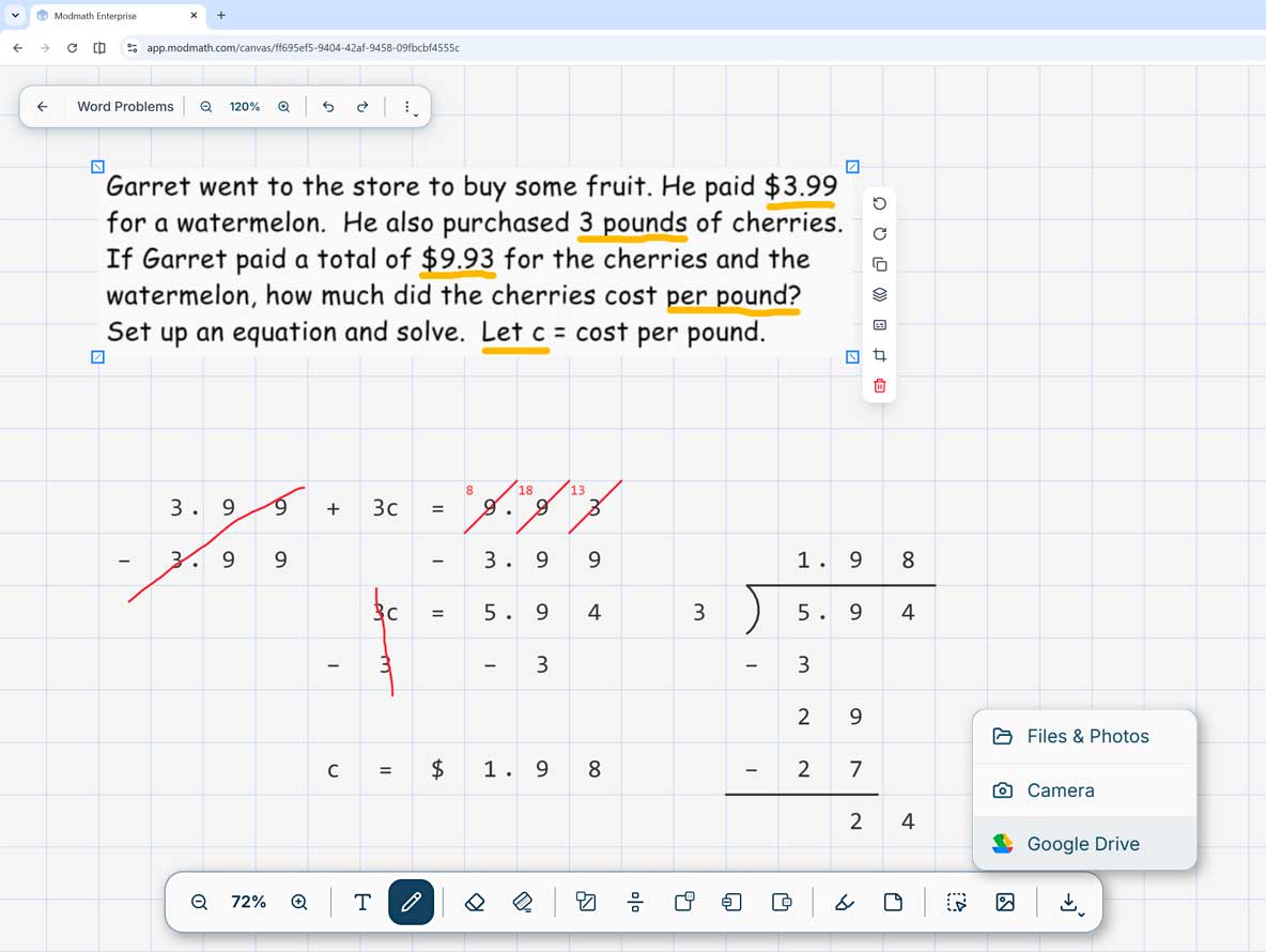 A word problem placed as text on the Modmath canvas and solved below it, with the menu to import from files, camera, or Google Drive.